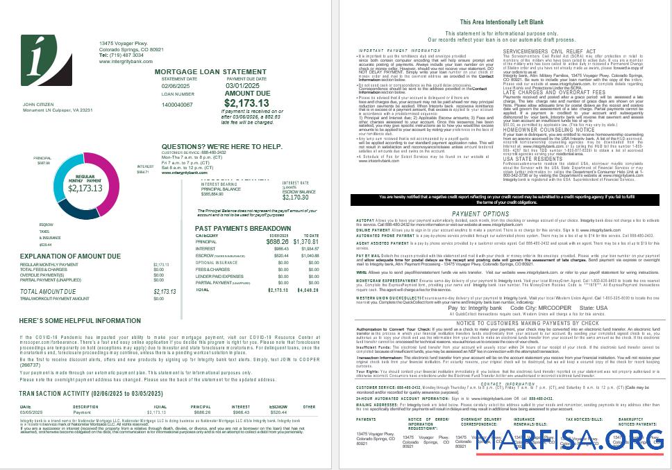 Downloadable USA Integrity Bank mortgage loan statement in Word and PDF formats , 4 pages 1 2 example